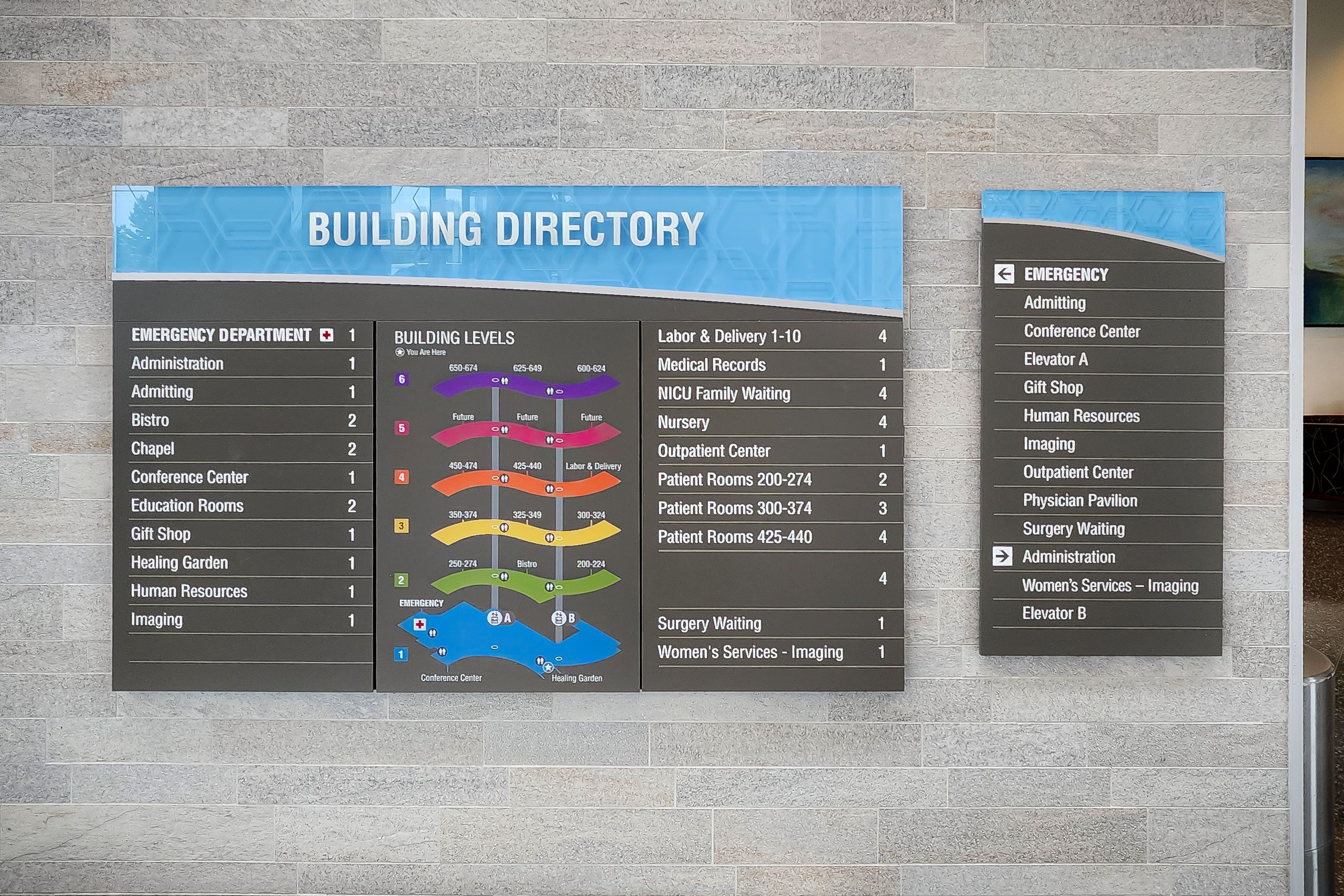 A sign with a header of "Building Directory" shows a list and printed map of departments and their locations in a hospital. The sign has laser-etched patterned acrylic accent header.