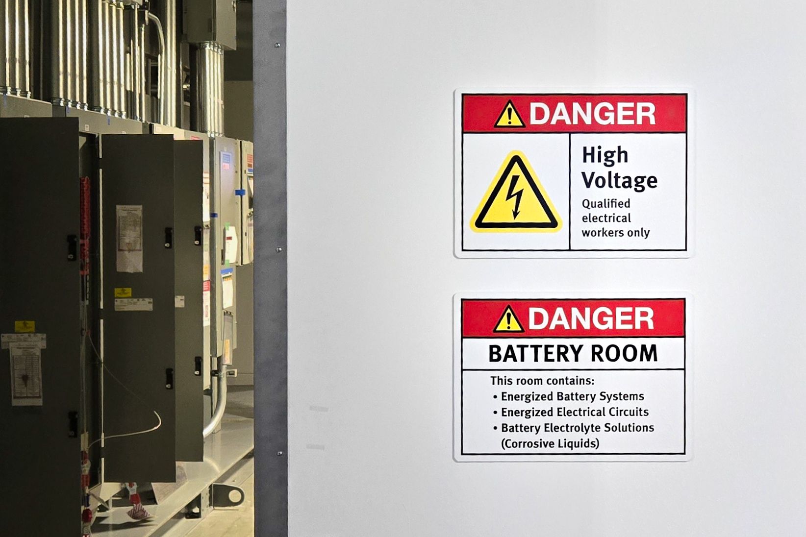 A pair of "DANGER" signs mounted on a wall next to a door into an electrical room warn about high voltage and energized batteries.